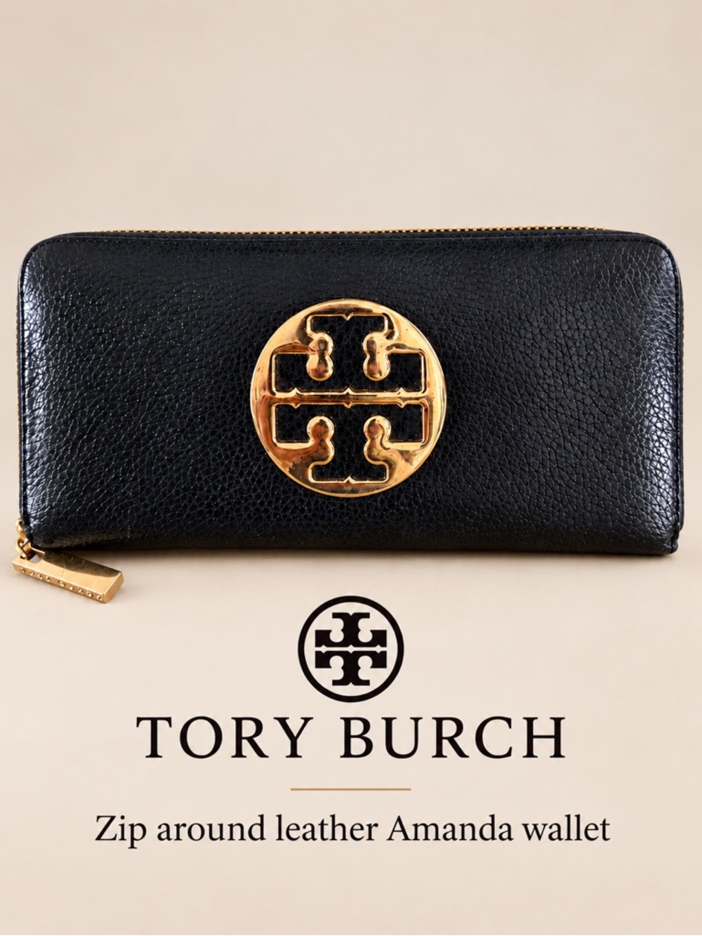 Tory Burch Black Leather Zip-Around Amanda Wallet